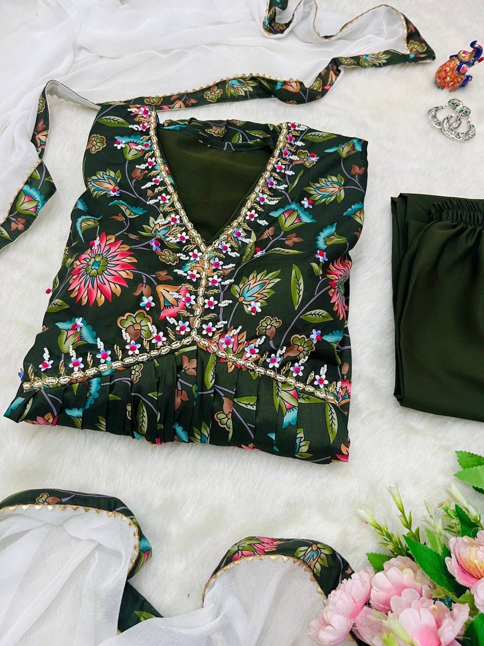 Elegant Green Soft Cotton Printed Handworked Festival Wear Suit - INDIAN ELEGANCE