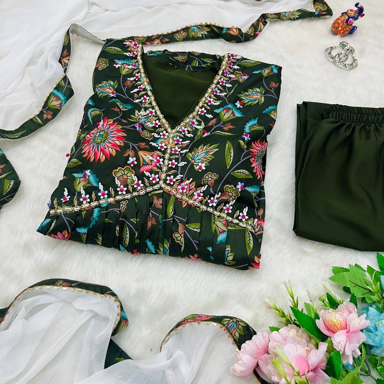 Elegant Green Soft Cotton Printed Handworked Festival Wear Suit - INDIAN ELEGANCE