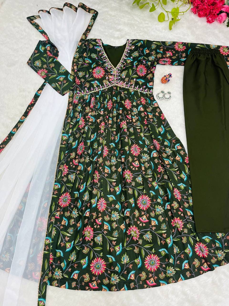 Elegant Green Soft Cotton Printed Handworked Festival Wear Suit - INDIAN ELEGANCE
