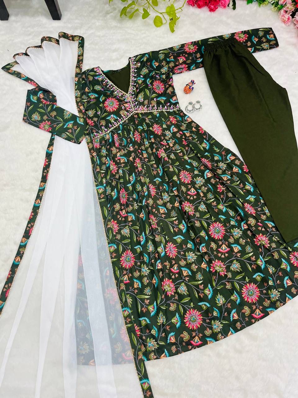 Elegant Green Soft Cotton Printed Handworked Festival Wear Suit - INDIAN ELEGANCE