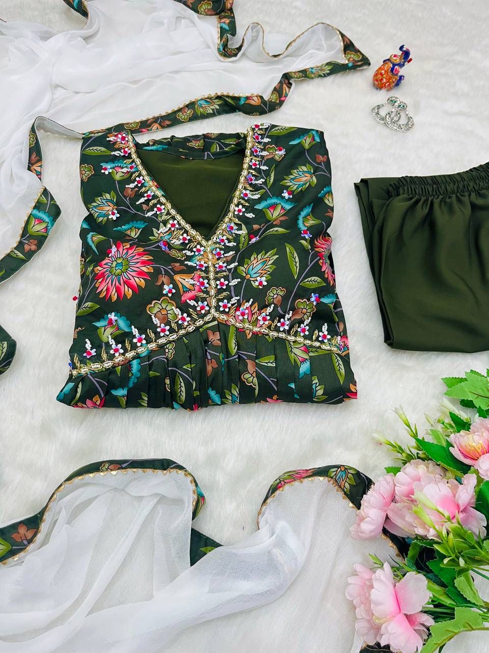 Elegant Green Soft Cotton Printed Handworked Festival Wear Suit - INDIAN ELEGANCE