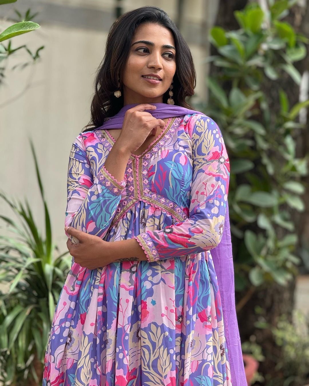 Spectacular Soft Cotton Printed Handworked Anarkali Pant Suit - INDIAN ELEGANCE