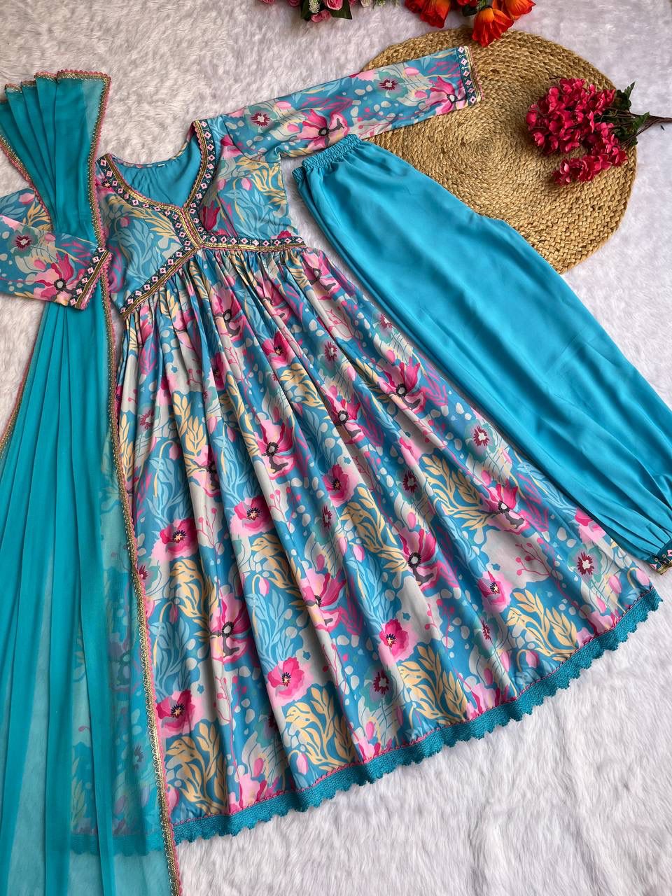 Spectacular Soft Cotton Printed Handworked Anarkali Pant Suit - INDIAN ELEGANCE