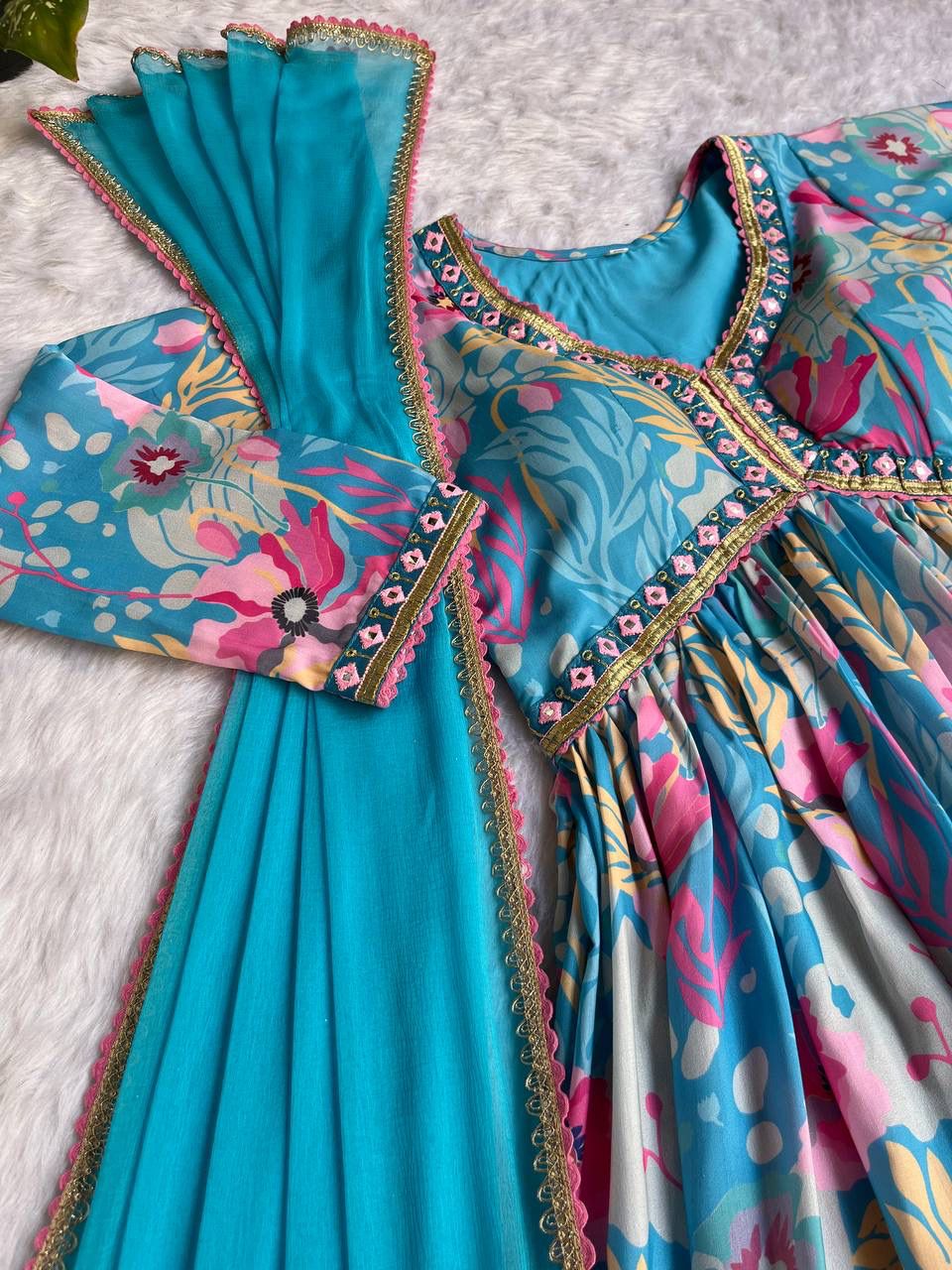 Spectacular Soft Cotton Printed Handworked Anarkali Pant Suit - INDIAN ELEGANCE