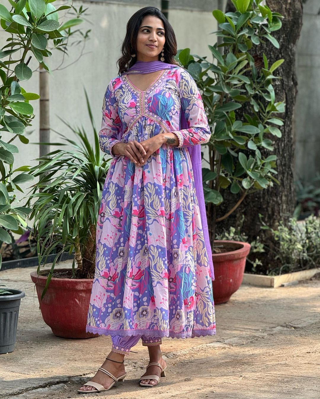 Spectacular Soft Cotton Printed Handworked Anarkali Pant Suit - INDIAN ELEGANCE