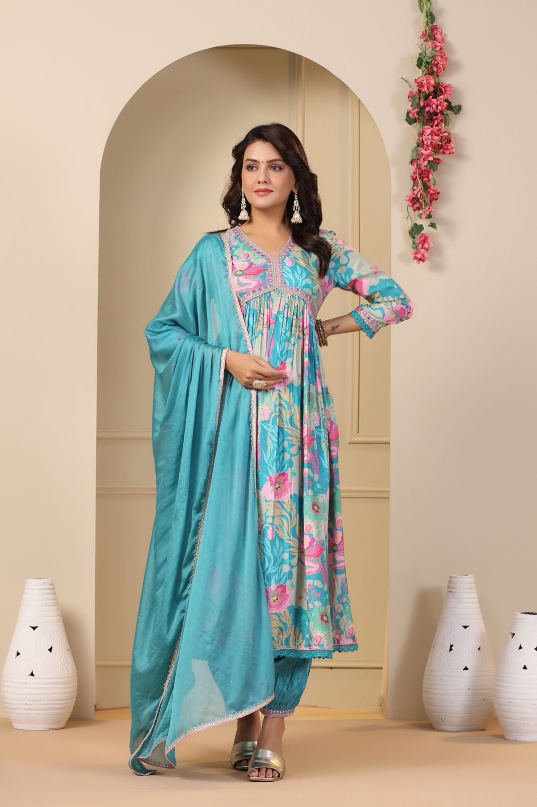 Spectacular Soft Cotton Printed Handworked Anarkali Pant Suit - INDIAN ELEGANCE