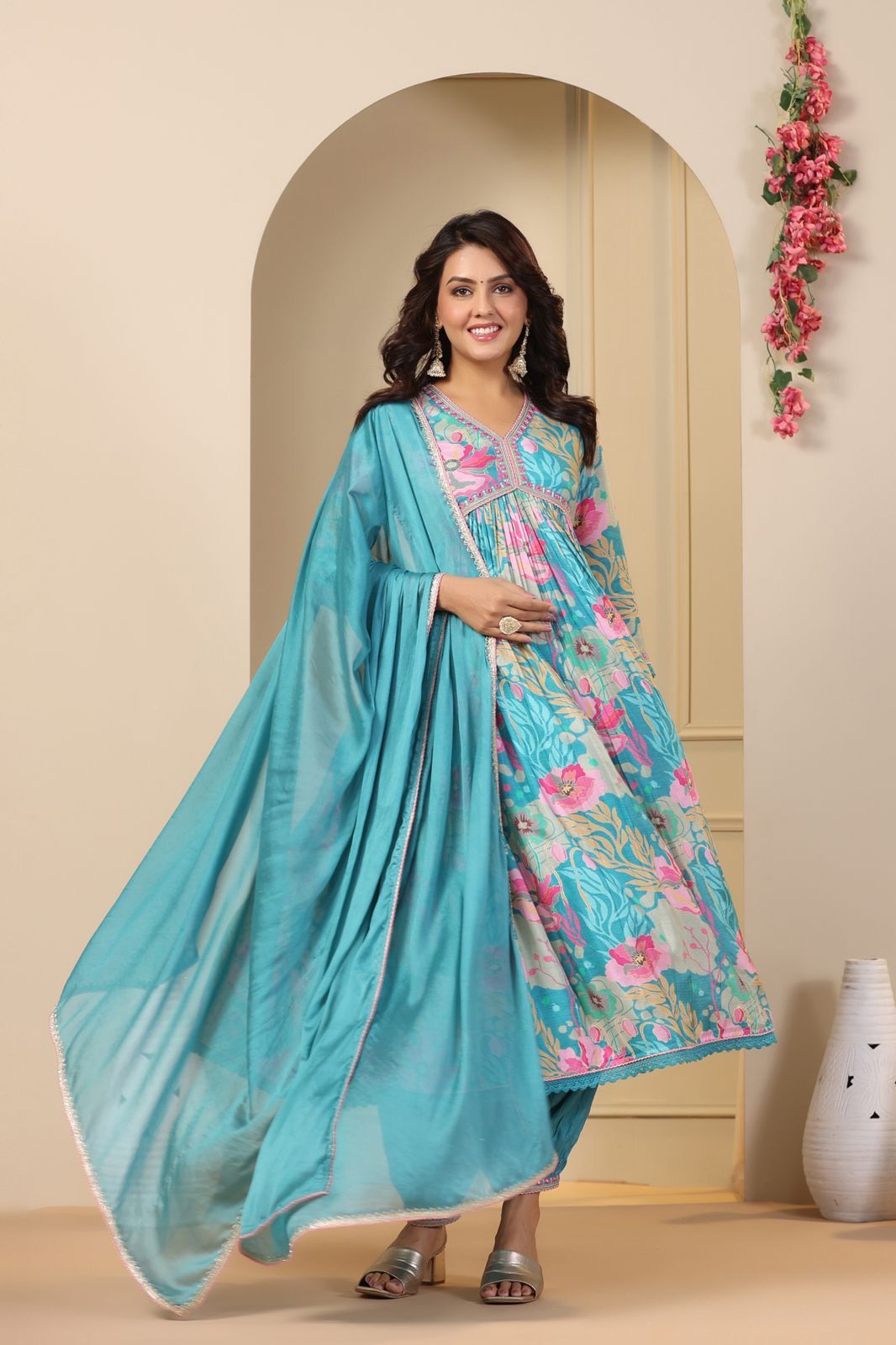 Spectacular Soft Cotton Printed Handworked Anarkali Pant Suit - INDIAN ELEGANCE