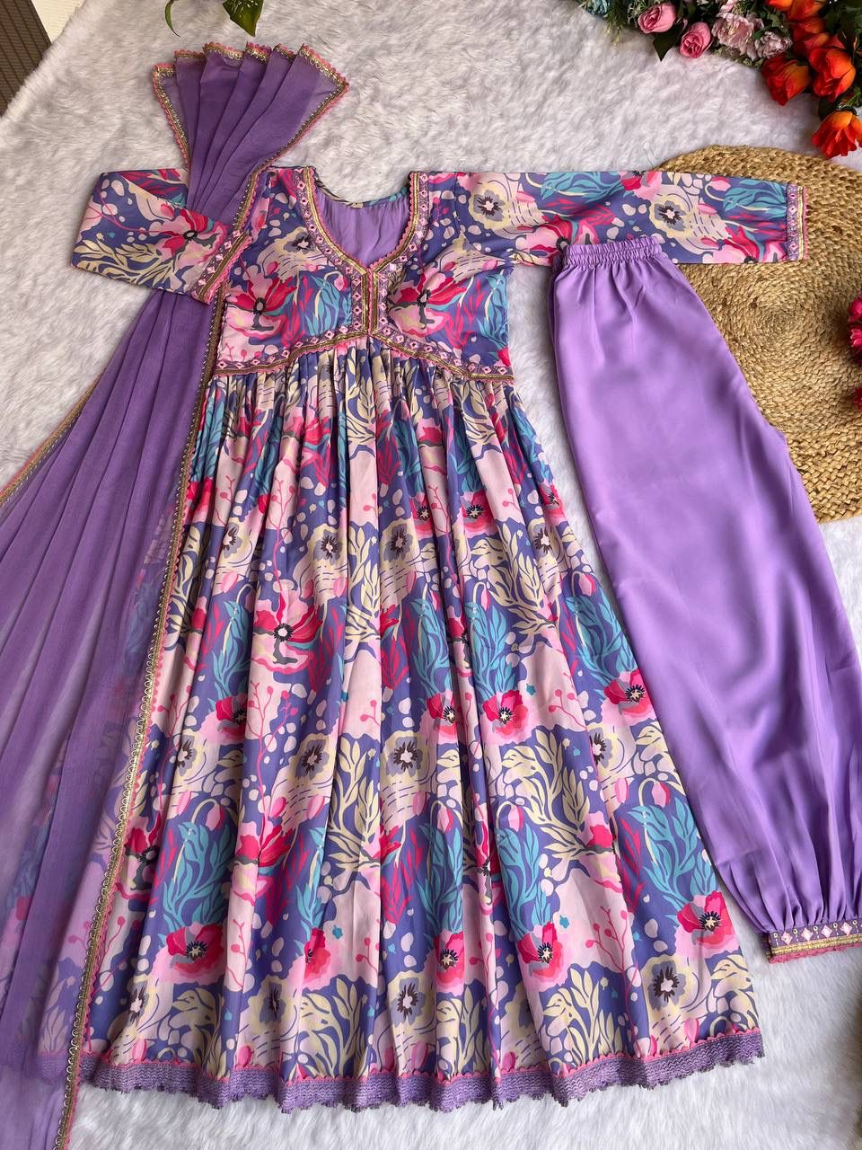 Spectacular Soft Cotton Printed Handworked Anarkali Pant Suit - INDIAN ELEGANCE