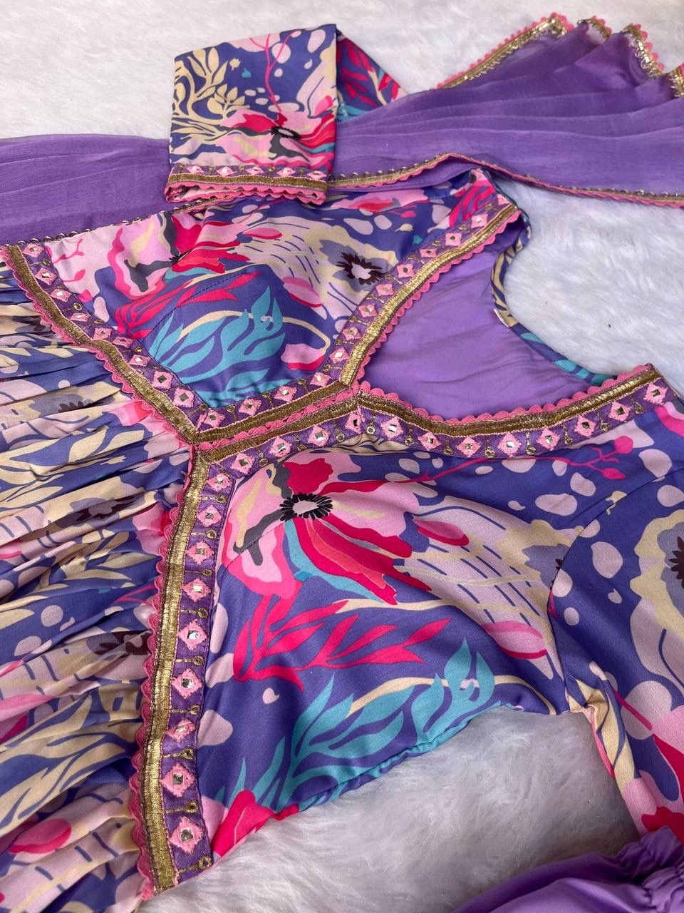 Spectacular Soft Cotton Printed Handworked Anarkali Pant Suit - INDIAN ELEGANCE
