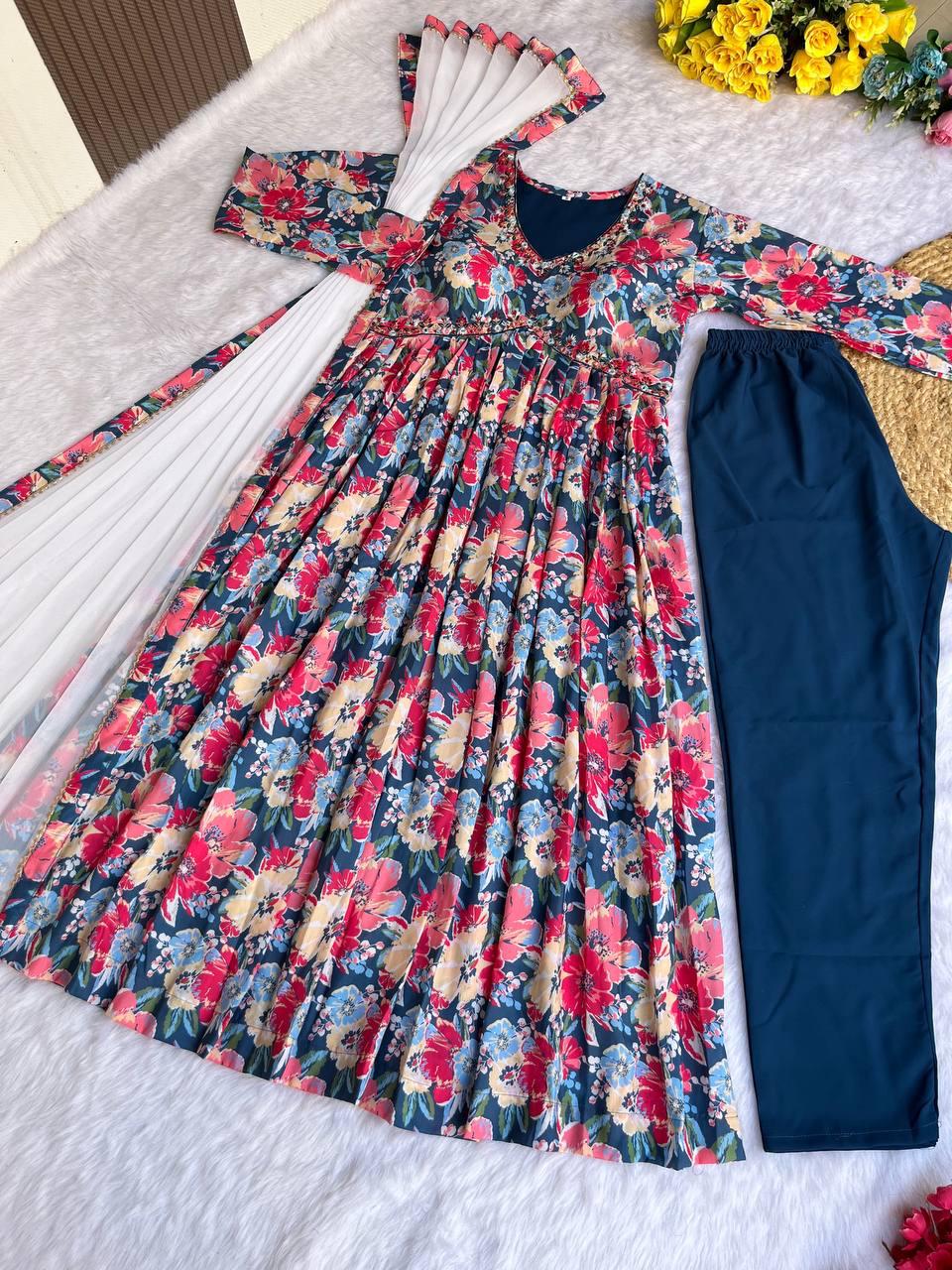 Breathtaking Blue Soft Cotton Printed Handworked Anarkali Pant Suit - INDIAN ELEGANCE
