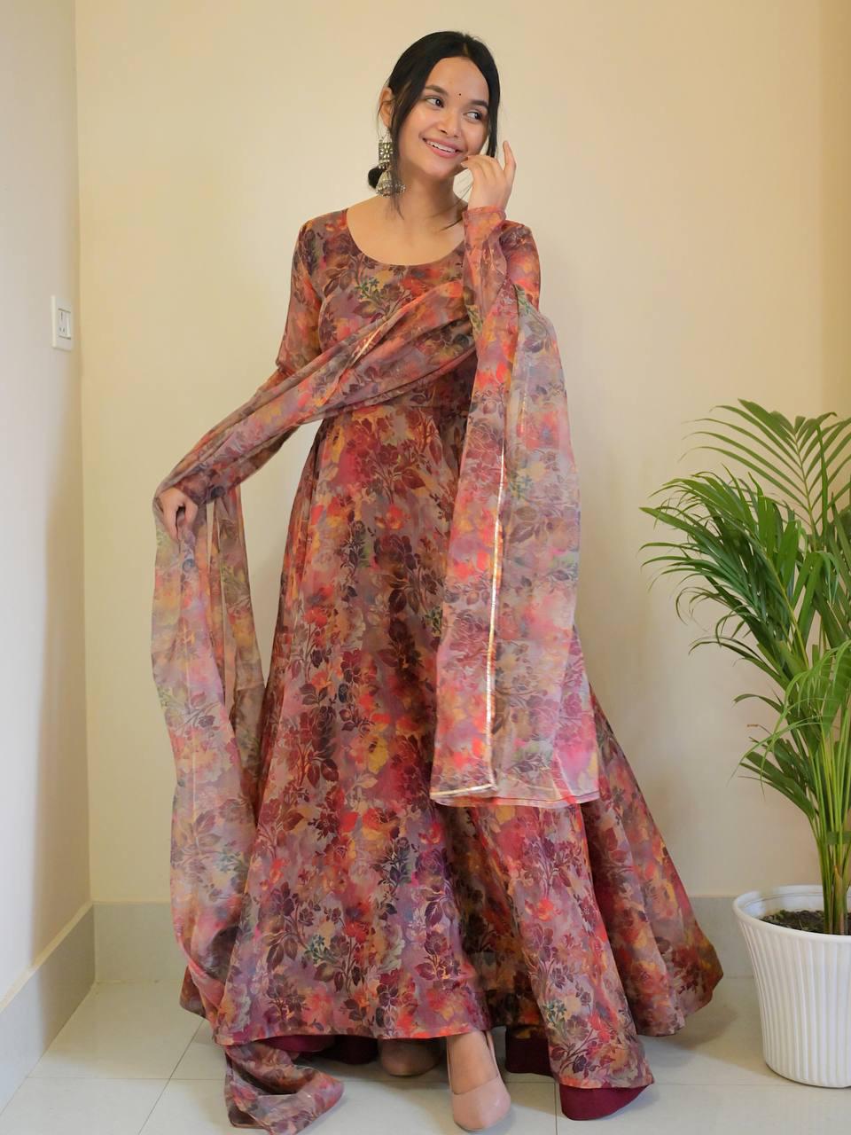 Luminous Brown Floral Digital Printed Organza Silk Anarkali Pant Suit - INDIAN ELEGANCE
