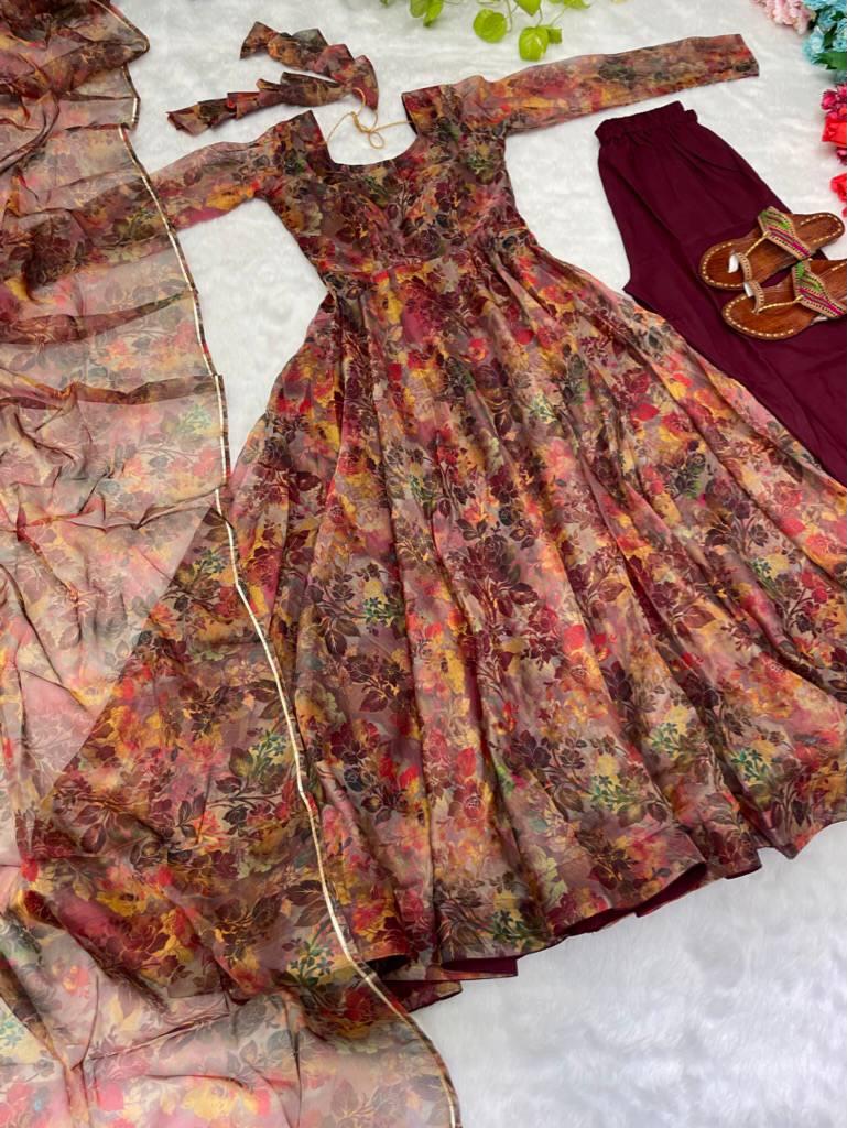 Luminous Brown Floral Digital Printed Organza Silk Anarkali Pant Suit - INDIAN ELEGANCE