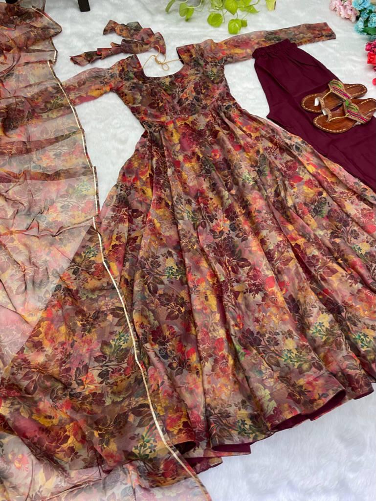 Luminous Brown Floral Digital Printed Organza Silk Anarkali Pant Suit - INDIAN ELEGANCE