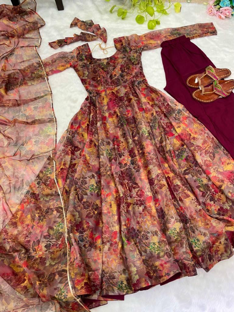 Luminous Brown Floral Digital Printed Organza Silk Anarkali Pant Suit - INDIAN ELEGANCE