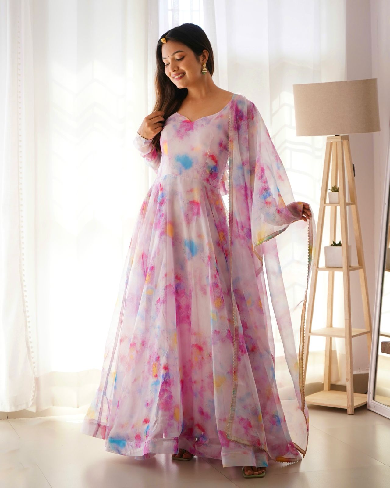 Stylish Pink Organza Silk Floral Digital Printed Gown With Dupatta - INDIAN ELEGANCE