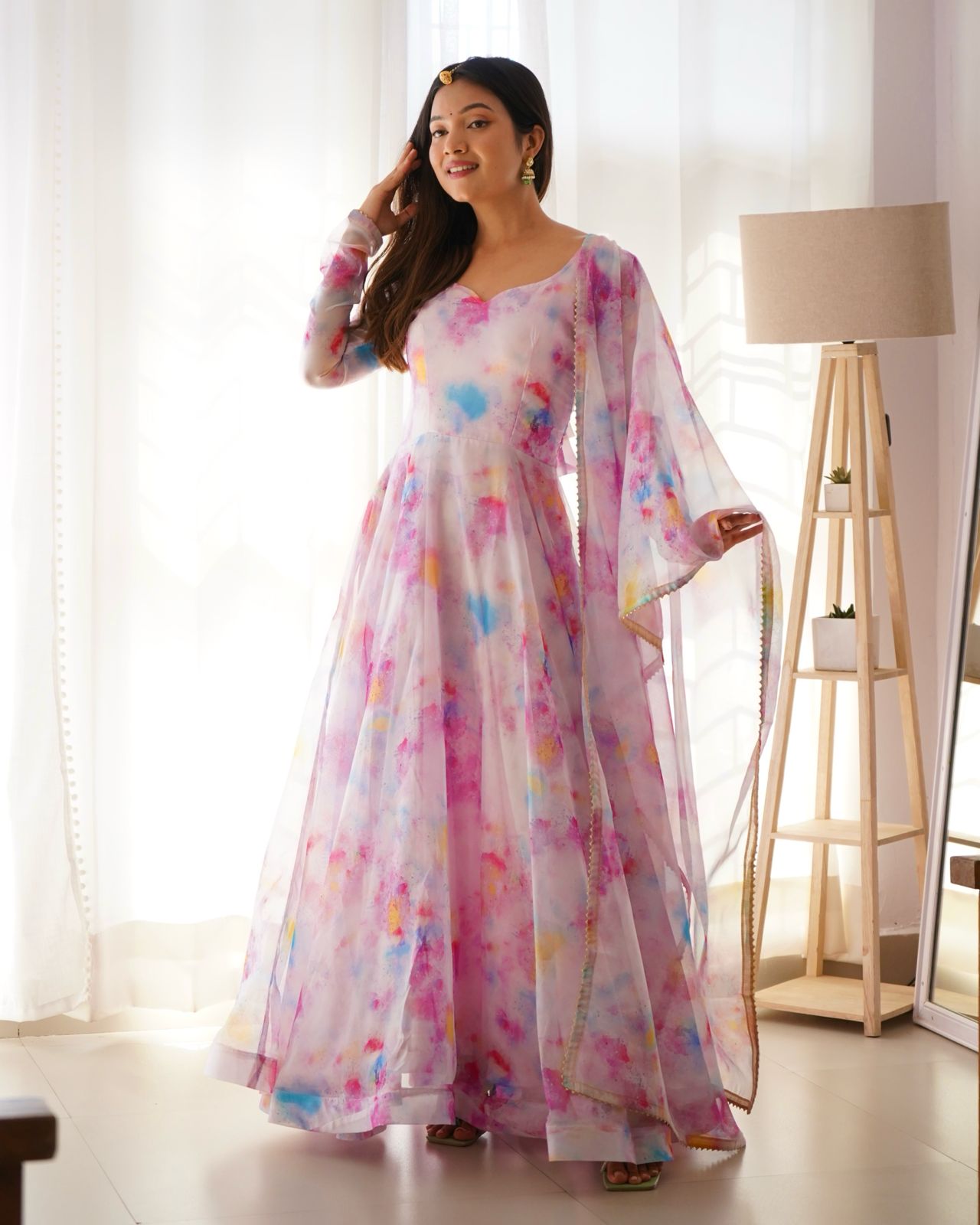 Stylish Pink Organza Silk Floral Digital Printed Gown With Dupatta - INDIAN ELEGANCE
