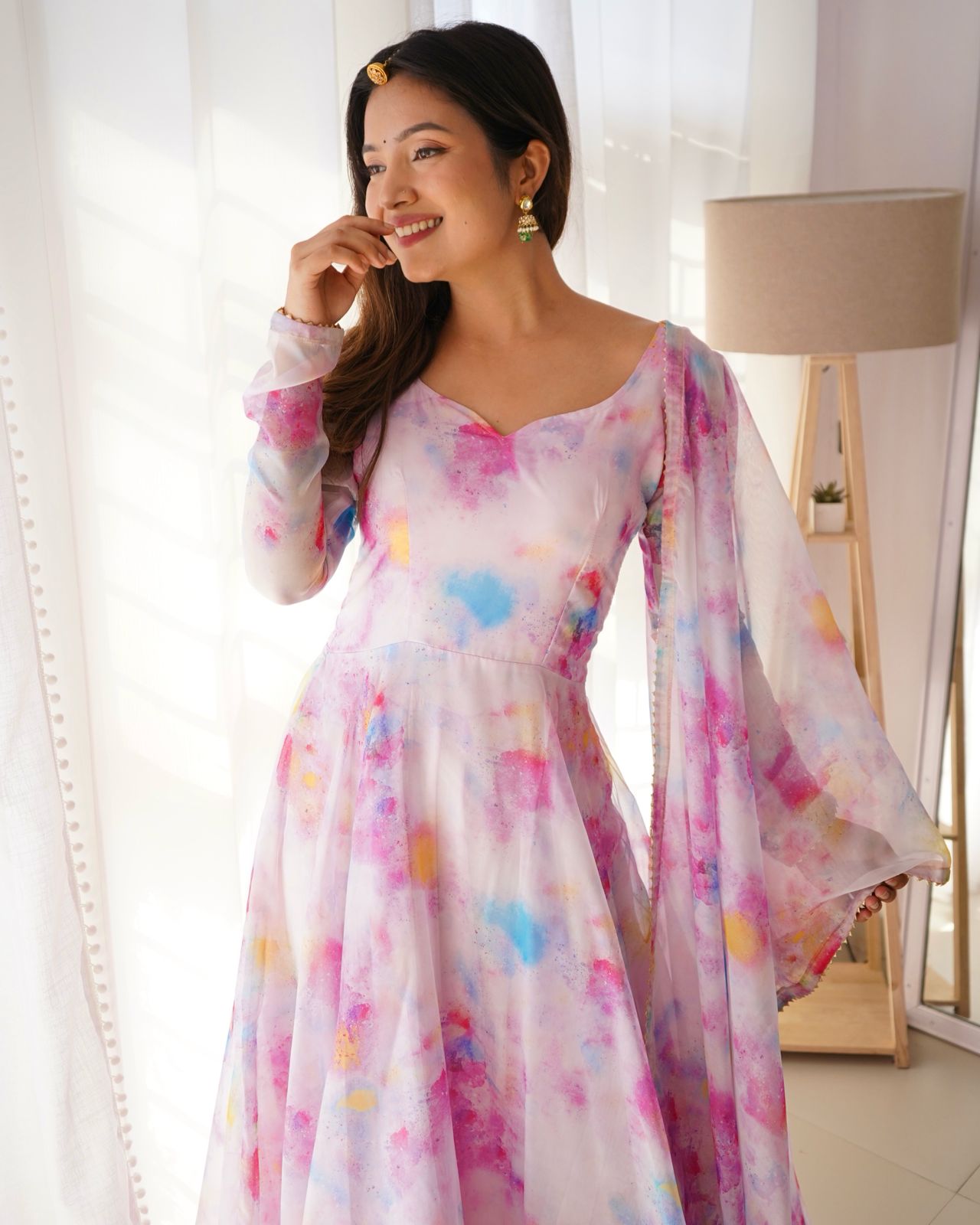 Stylish Pink Organza Silk Floral Digital Printed Gown With Dupatta - INDIAN ELEGANCE
