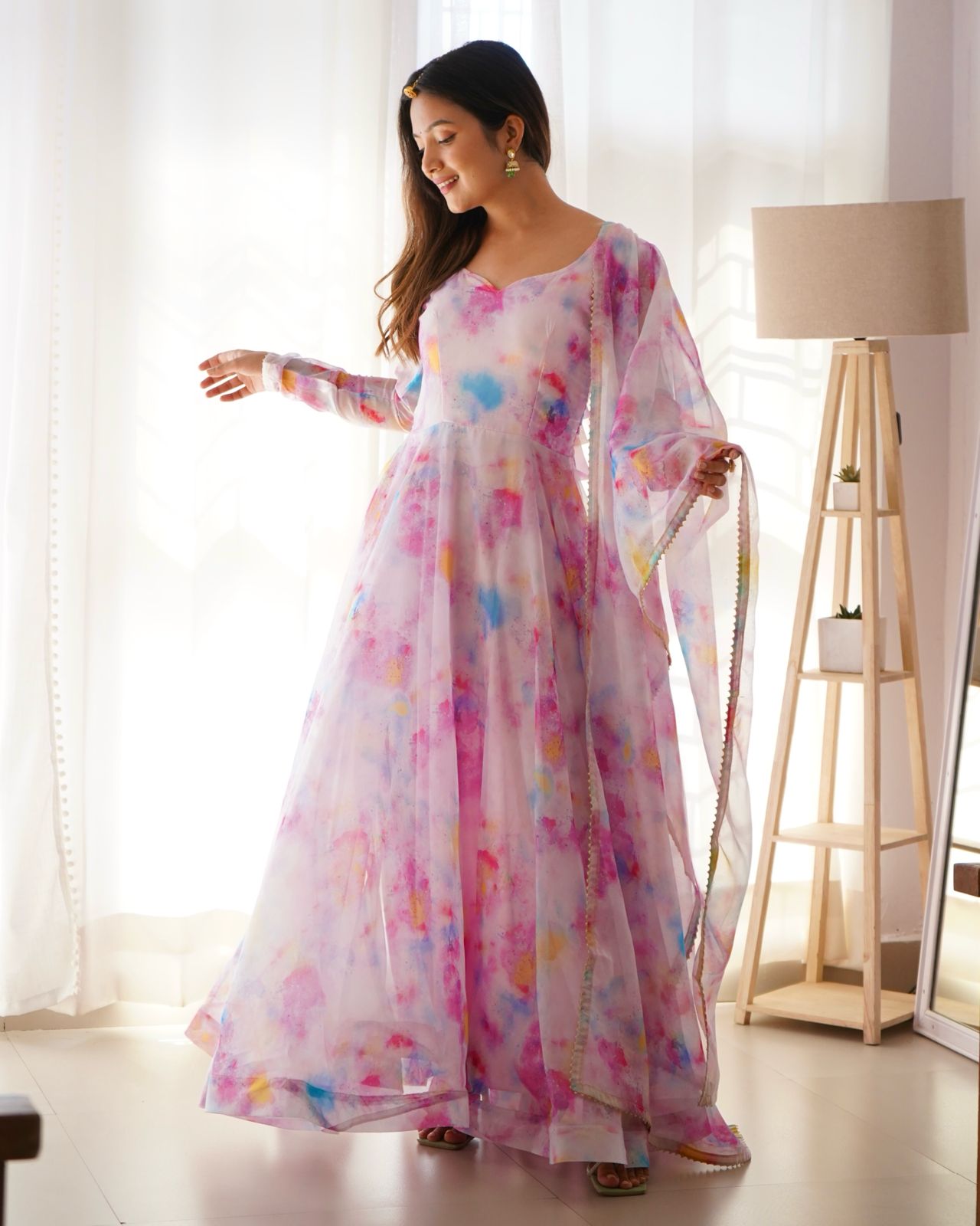 Stylish Pink Organza Silk Floral Digital Printed Gown With Dupatta - INDIAN ELEGANCE