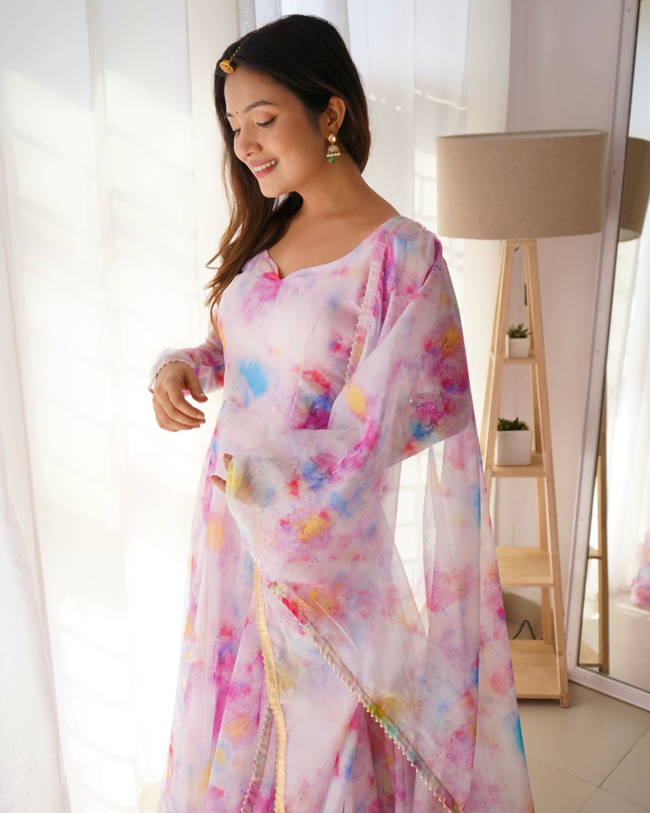 Stylish Pink Organza Silk Floral Digital Printed Gown With Dupatta - INDIAN ELEGANCE