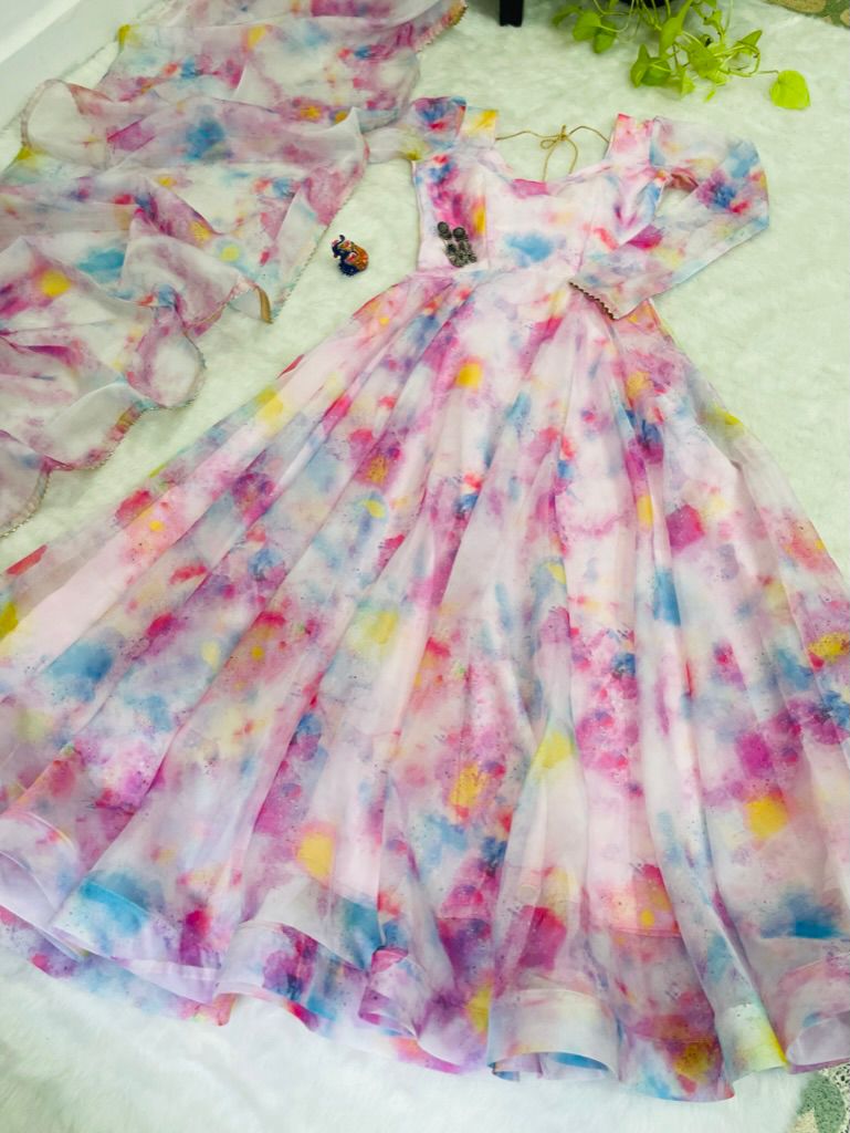 Stylish Pink Organza Silk Floral Digital Printed Gown With Dupatta - INDIAN ELEGANCE