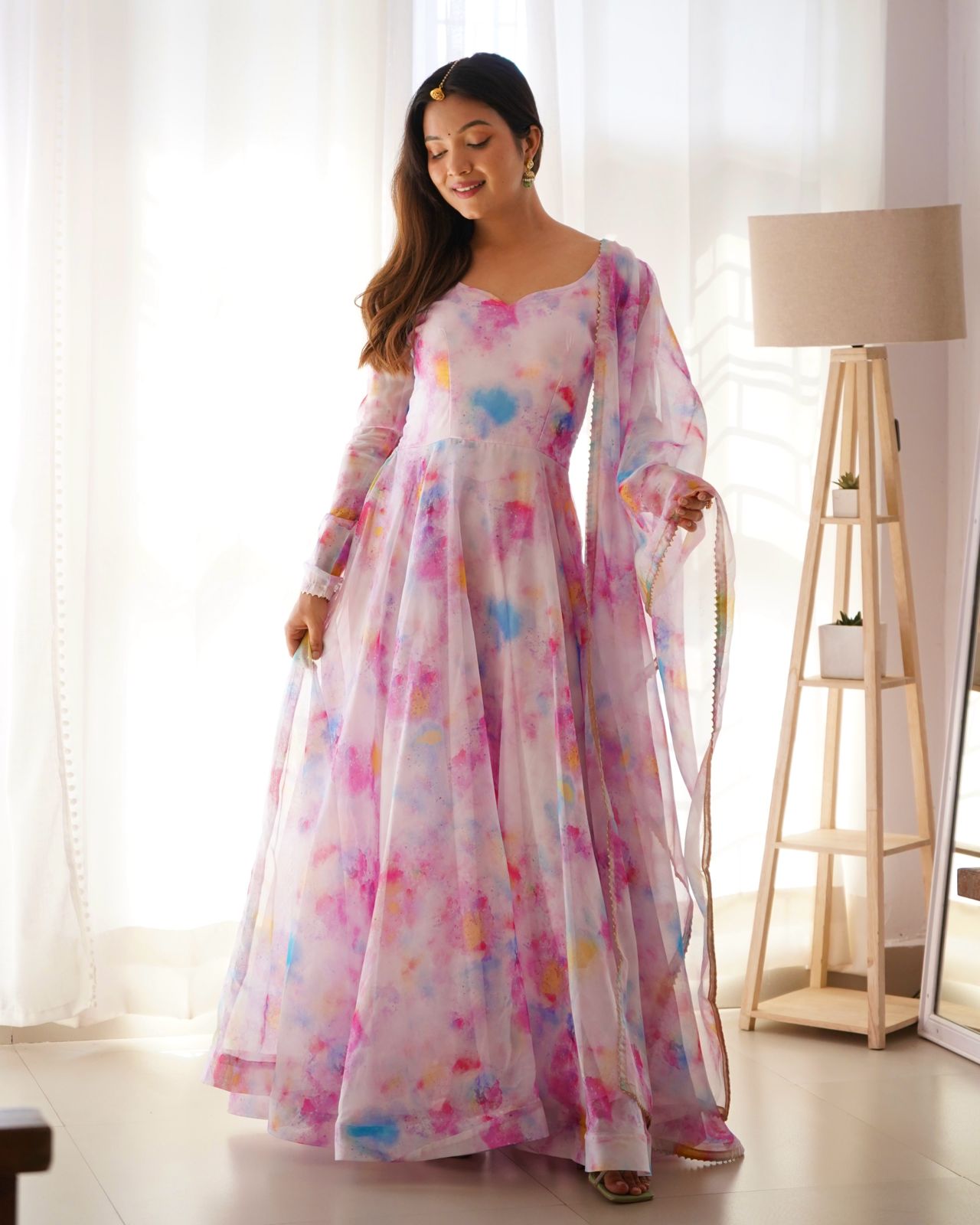 Stylish Pink Organza Silk Floral Digital Printed Gown With Dupatta - INDIAN ELEGANCE
