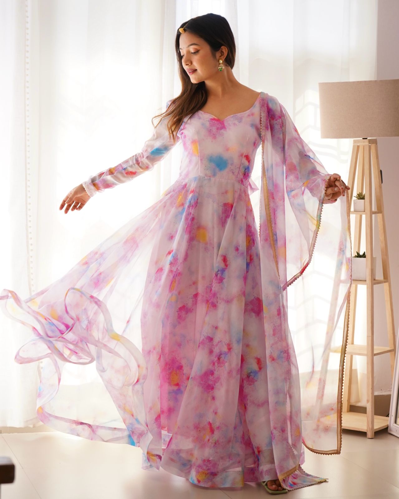 Stylish Pink Organza Silk Floral Digital Printed Gown With Dupatta - INDIAN ELEGANCE
