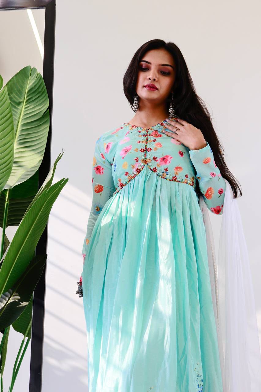 Ravishing Sky Blue Soft Chinon Floral Printed Handworked Anarkali Pant Suit - INDIAN ELEGANCE