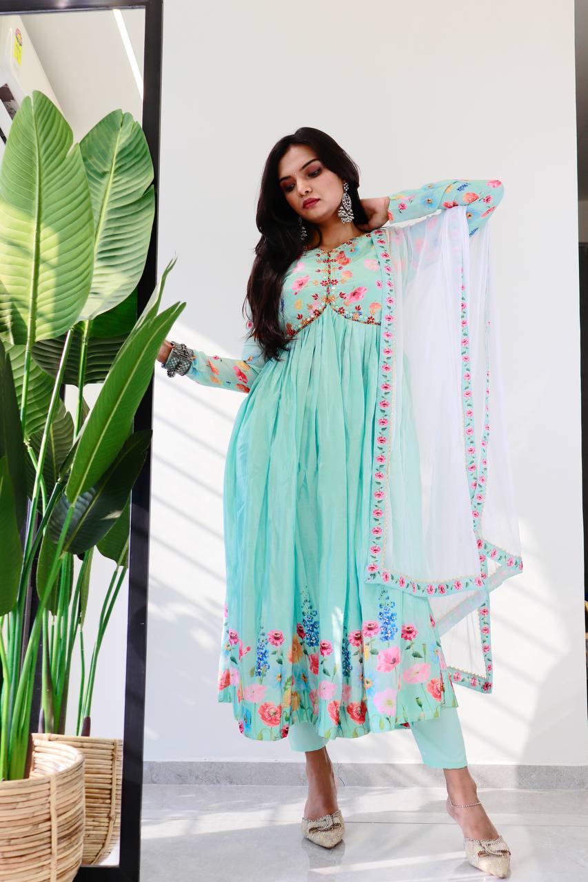 Ravishing Sky Blue Soft Chinon Floral Printed Handworked Anarkali Pant Suit - INDIAN ELEGANCE