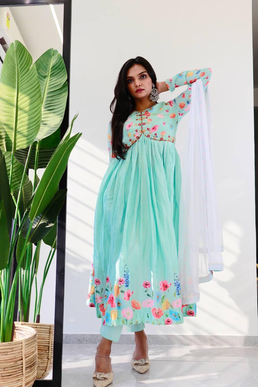 Ravishing Sky Blue Soft Chinon Floral Printed Handworked Anarkali Pant Suit - INDIAN ELEGANCE