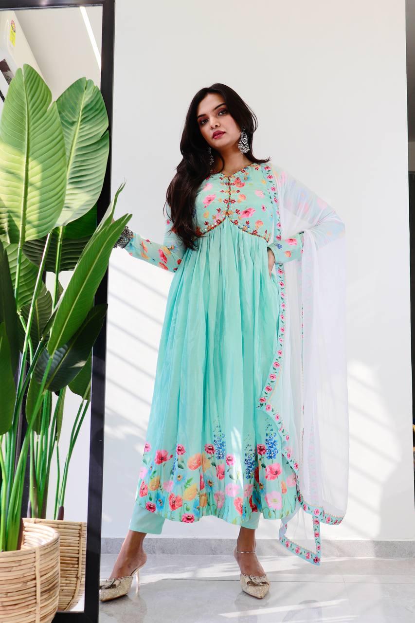 Ravishing Sky Blue Soft Chinon Floral Printed Handworked Anarkali Pant Suit - INDIAN ELEGANCE