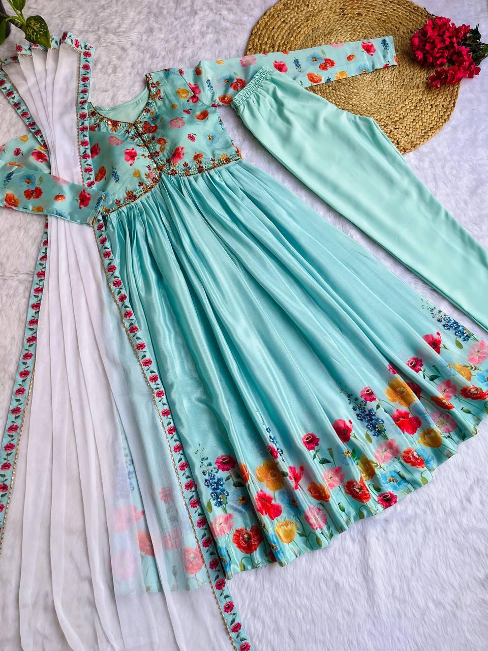 Ravishing Sky Blue Soft Chinon Floral Printed Handworked Anarkali Pant Suit - INDIAN ELEGANCE