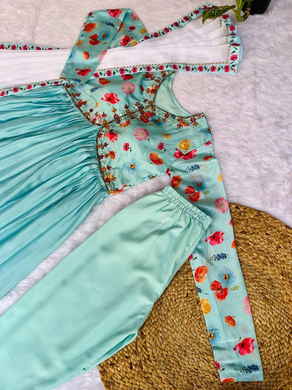 Ravishing Sky Blue Soft Chinon Floral Printed Handworked Anarkali Pant Suit - INDIAN ELEGANCE