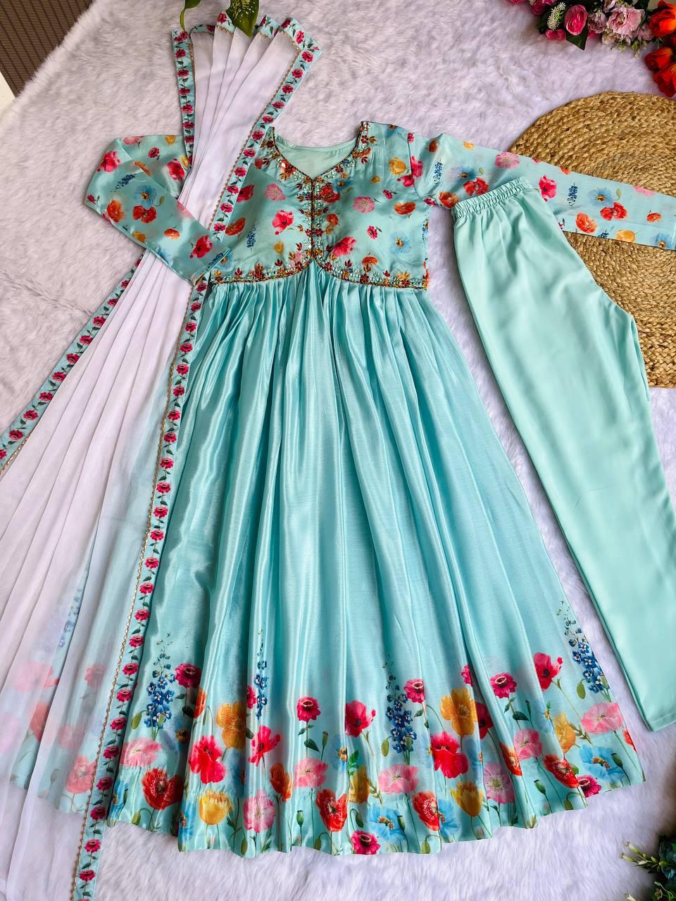 Ravishing Sky Blue Soft Chinon Floral Printed Handworked Anarkali Pant Suit - INDIAN ELEGANCE
