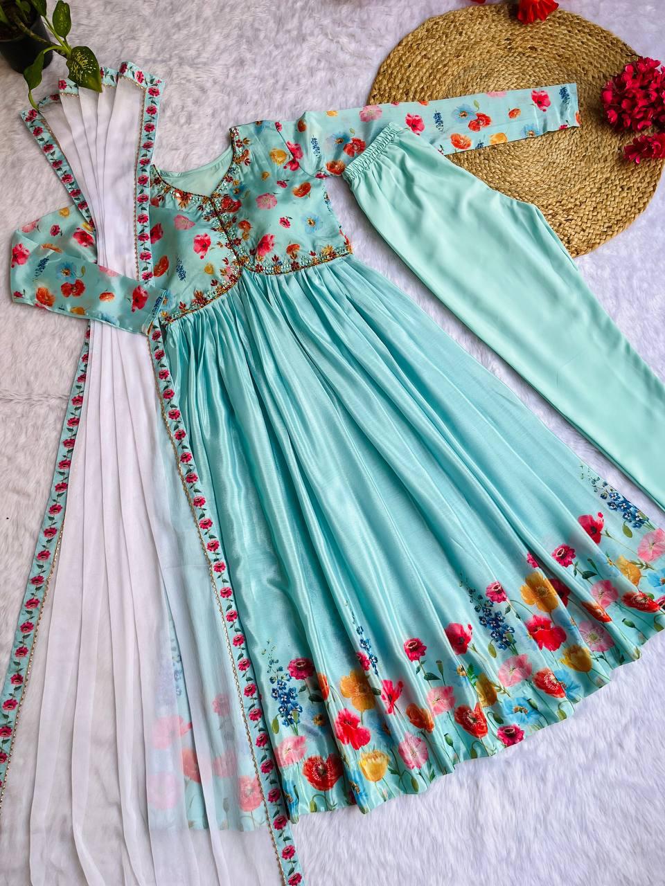 Ravishing Sky Blue Soft Chinon Floral Printed Handworked Anarkali Pant Suit - INDIAN ELEGANCE