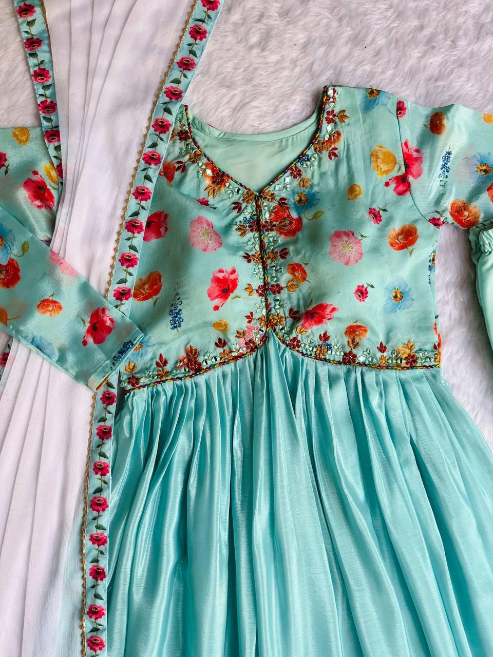Ravishing Sky Blue Soft Chinon Floral Printed Handworked Anarkali Pant Suit - INDIAN ELEGANCE