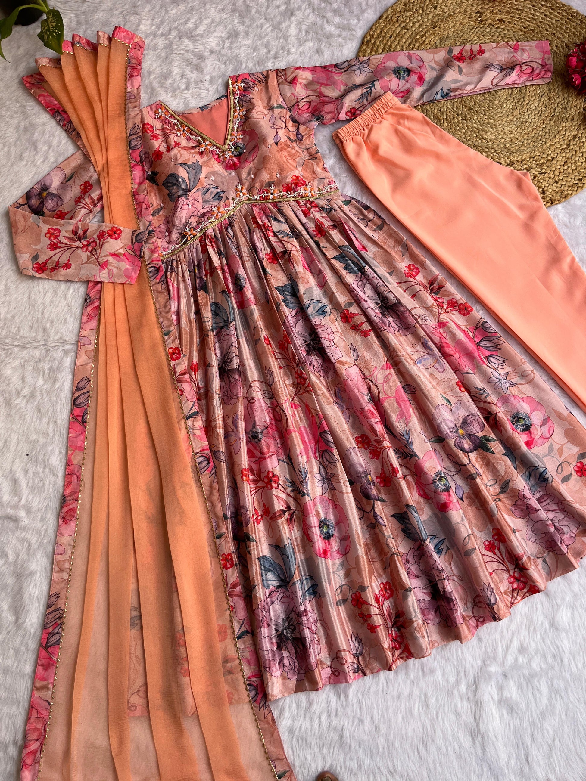 Mesmerizing Chinon Alia Cut Handworked Anarkali Pant Suit - INDIAN ELEGANCE