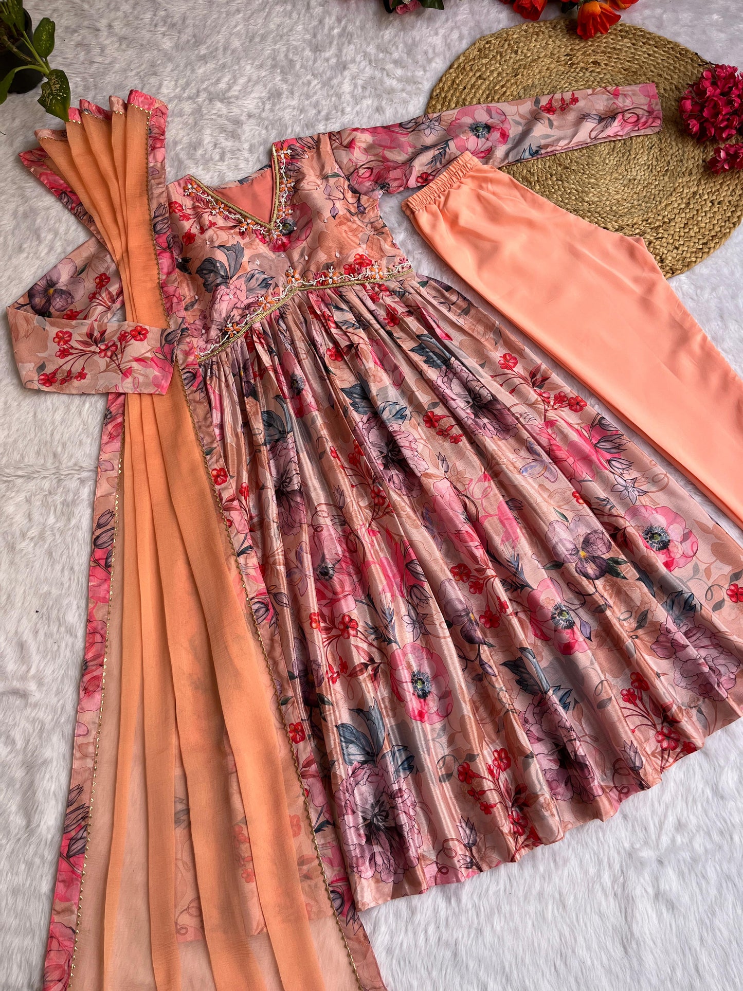Mesmerizing Chinon Alia Cut Handworked Anarkali Pant Suit - INDIAN ELEGANCE