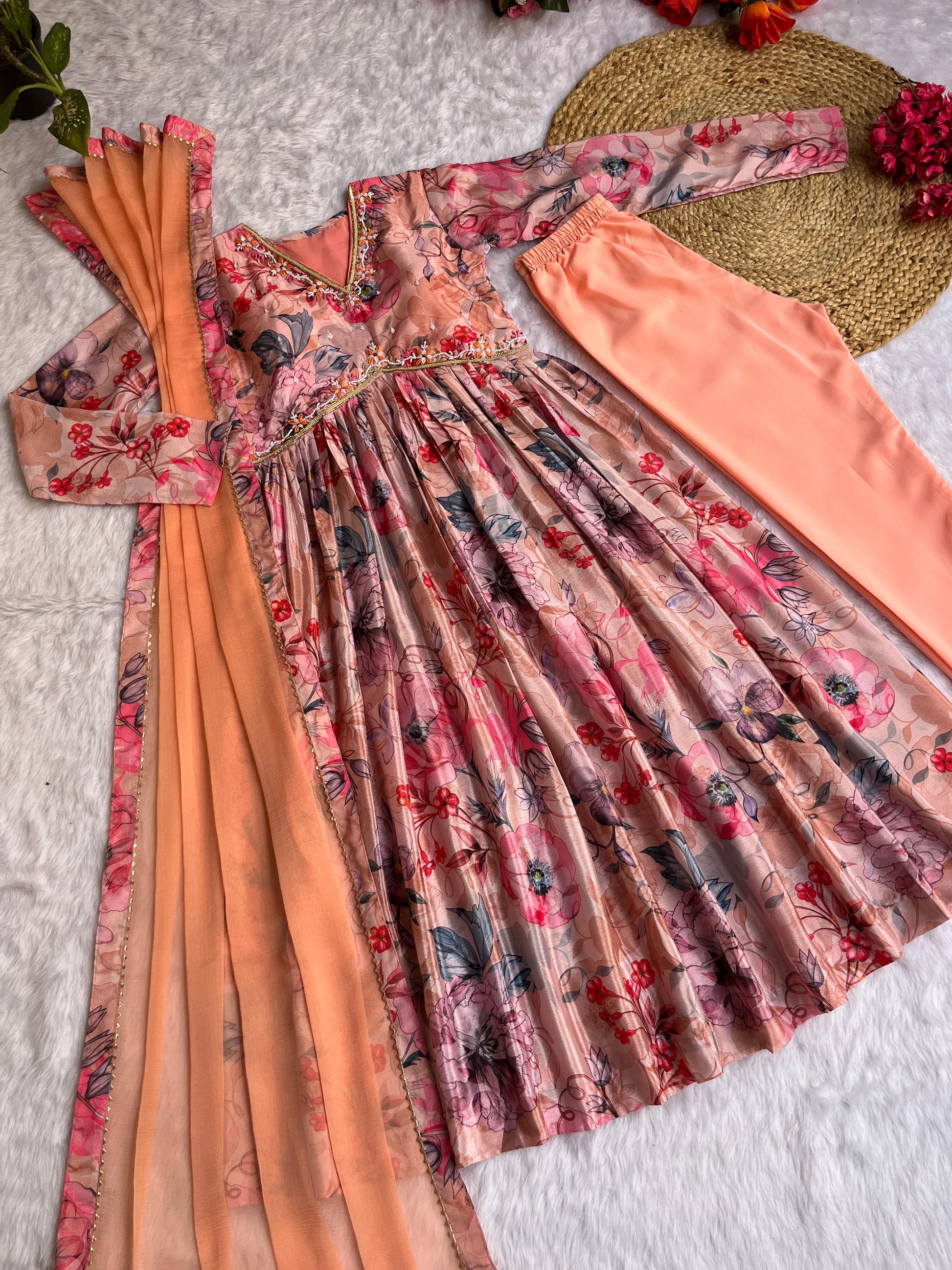 Mesmerizing Chinon Alia Cut Handworked Anarkali Pant Suit - INDIAN ELEGANCE