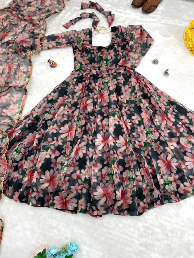 Magnificent Black Organza Silk Floral Digital Printed Gown With Dupatta - INDIAN ELEGANCE