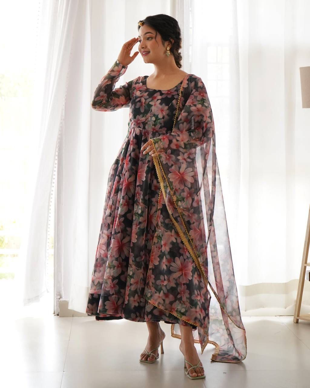 Magnificent Black Organza Silk Floral Digital Printed Gown With Dupatta - INDIAN ELEGANCE