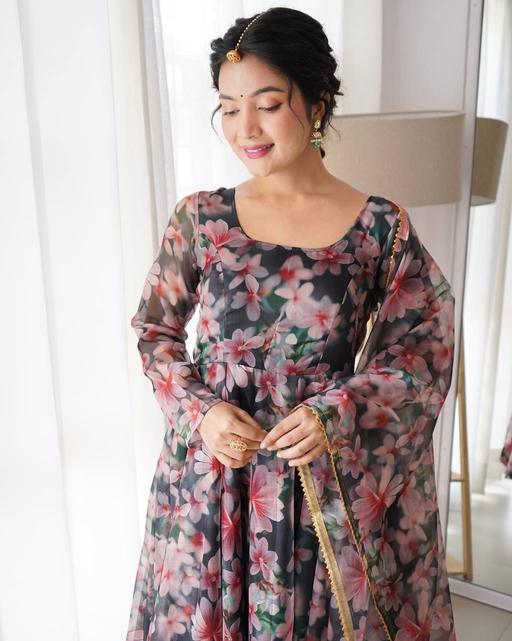 Magnificent Black Organza Silk Floral Digital Printed Gown With Dupatta - INDIAN ELEGANCE