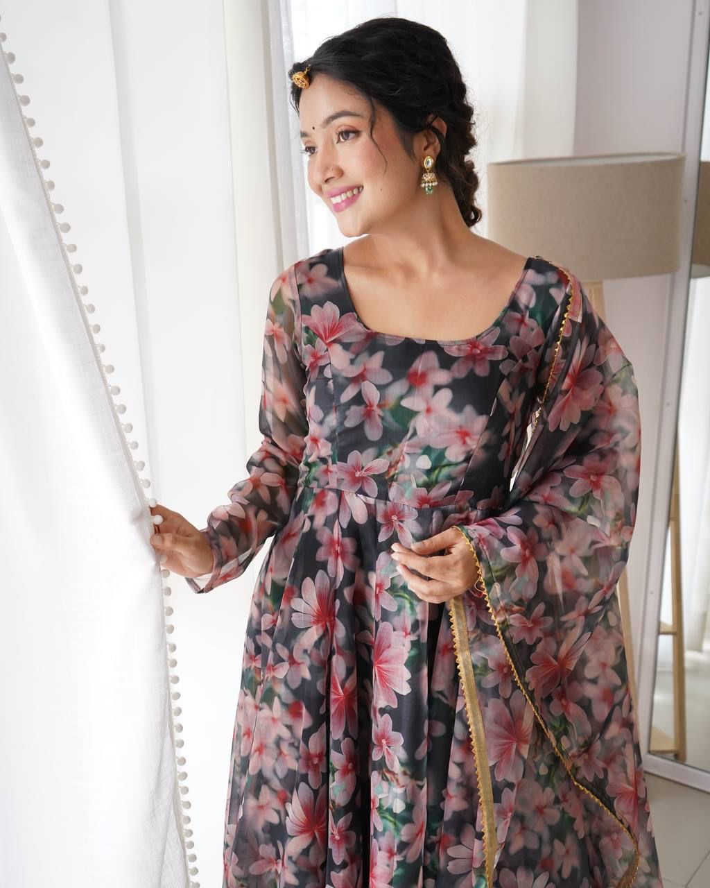 Magnificent Black Organza Silk Floral Digital Printed Gown With Dupatta - INDIAN ELEGANCE