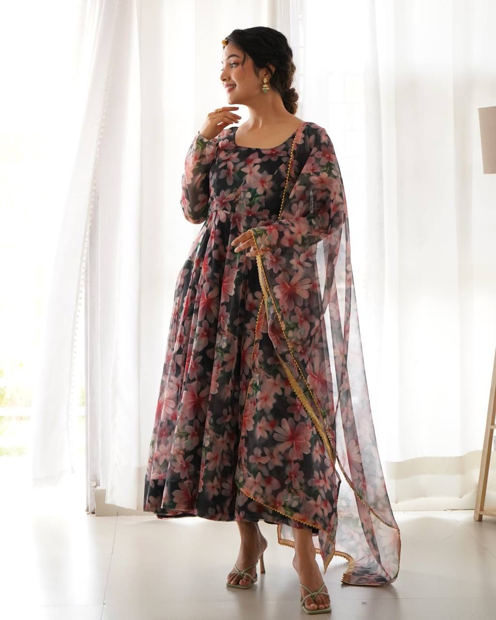 Magnificent Black Organza Silk Floral Digital Printed Gown With Dupatta - INDIAN ELEGANCE