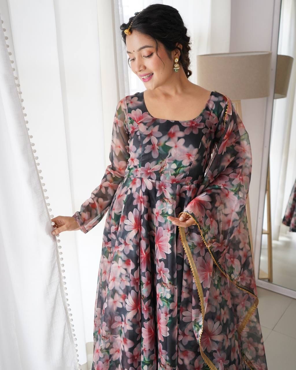 Magnificent Black Organza Silk Floral Digital Printed Gown With Dupatta - INDIAN ELEGANCE