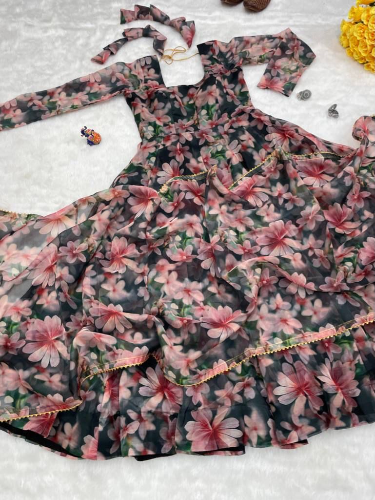 Magnificent Black Organza Silk Floral Digital Printed Gown With Dupatta - INDIAN ELEGANCE
