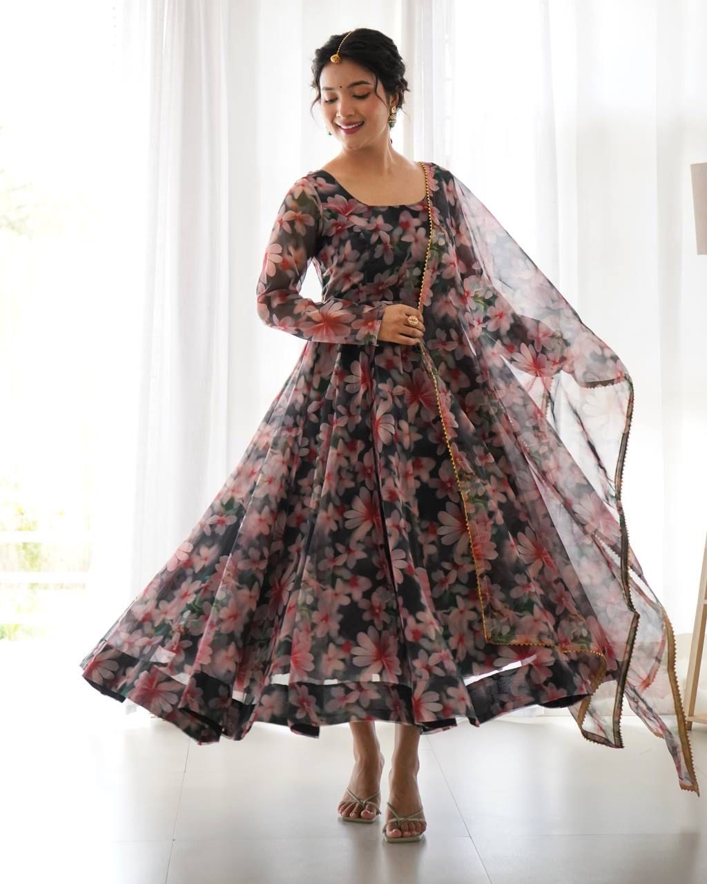 Magnificent Black Organza Silk Floral Digital Printed Gown With Dupatta - INDIAN ELEGANCE