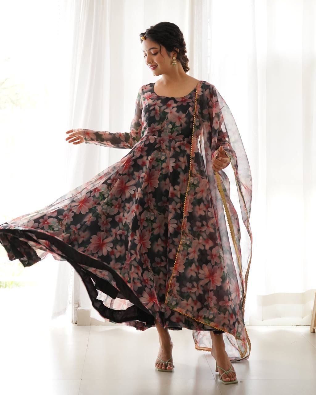 Magnificent Black Organza Silk Floral Digital Printed Gown With Dupatta - INDIAN ELEGANCE