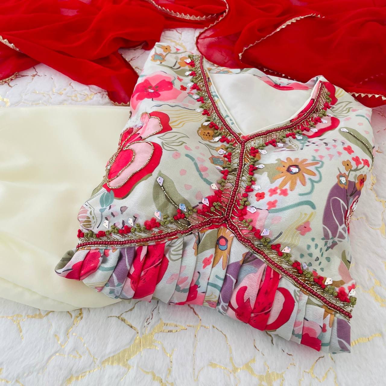 Graceful Soft Chinon Floral Printed Handworked Festive Wear Suit - INDIAN ELEGANCE