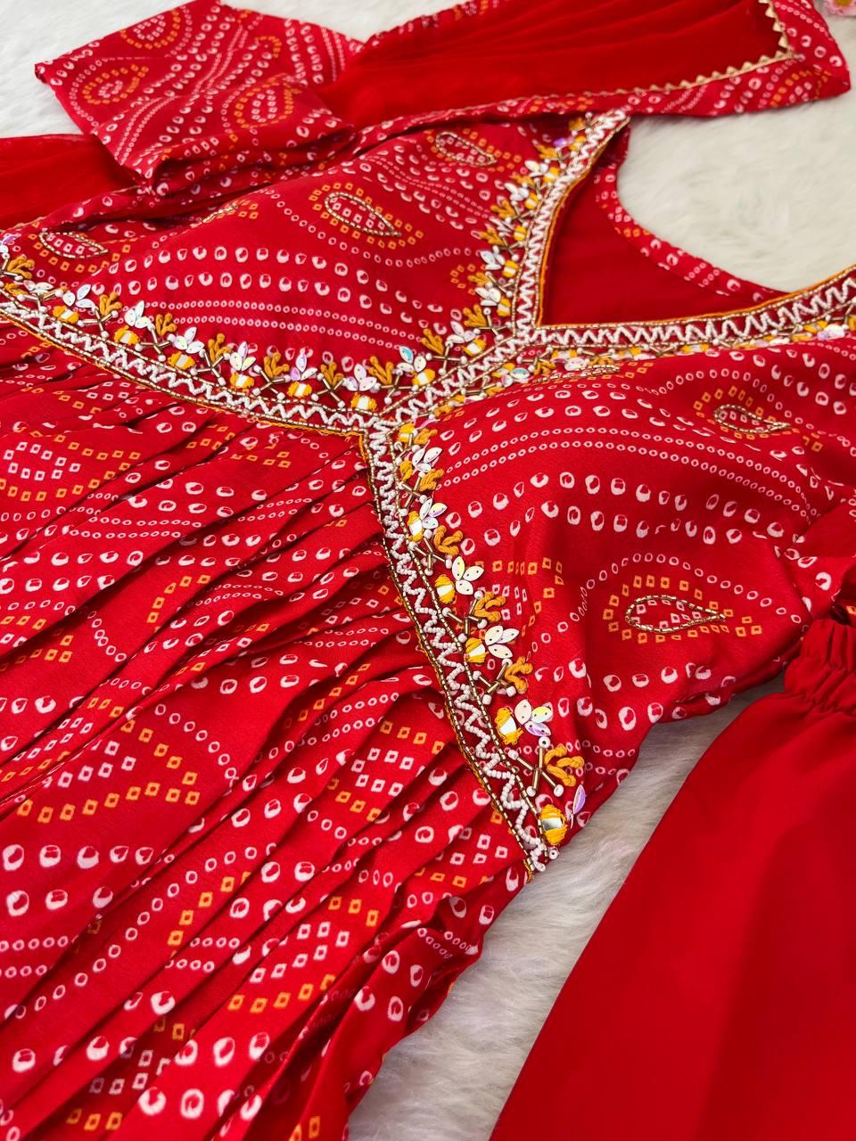 Ravishing Bandhej Printed Soft Chinon  Handworked Anarkali Pant Suit - INDIAN ELEGANCE