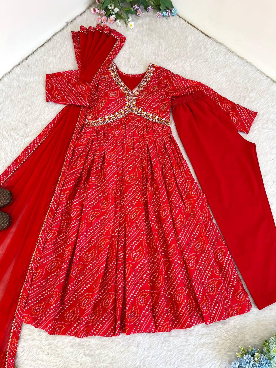 Ravishing Bandhej Printed Soft Chinon  Handworked Anarkali Pant Suit - INDIAN ELEGANCE